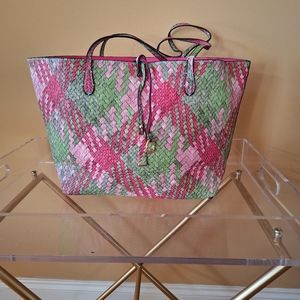 NWT! Bag in a Bag Multicolor Pink and Green Purse Woven Print Tote w/Gray Insert